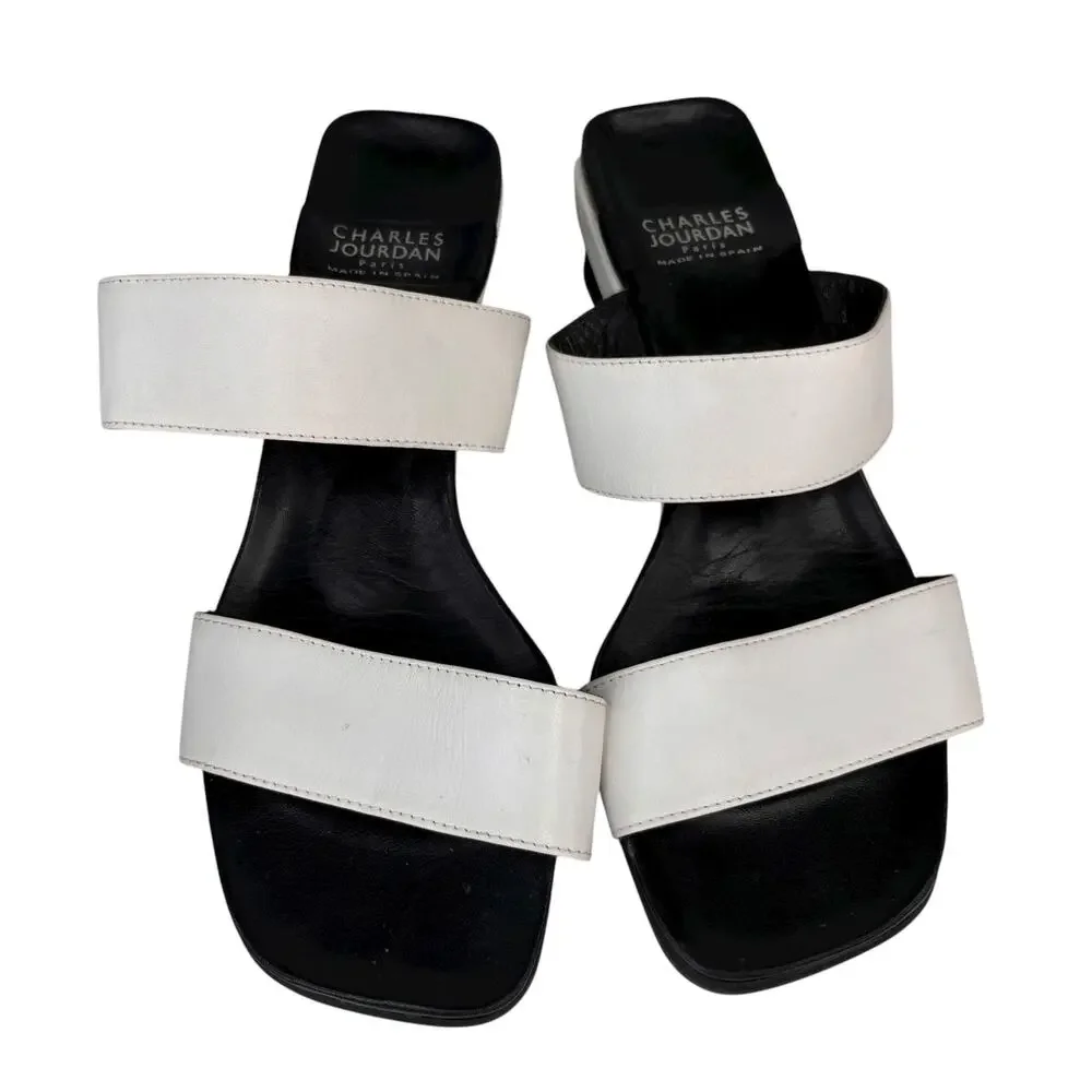 Charles Jourdan Paris Yol Wedge Sandals Black White 8M